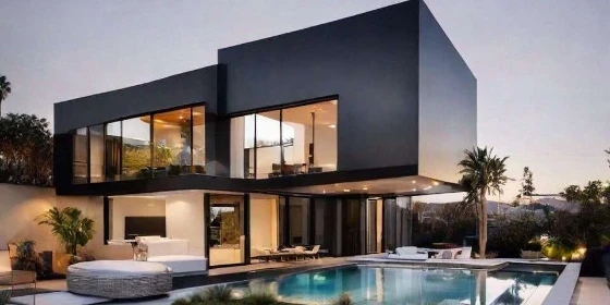 Modern black house with pool and large windows