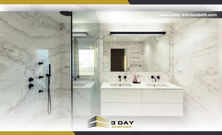 Modern bathroom with white marble walls