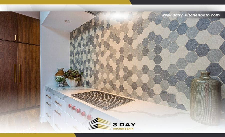 Peel-and-stick tile backsplash in DIY kitchen 