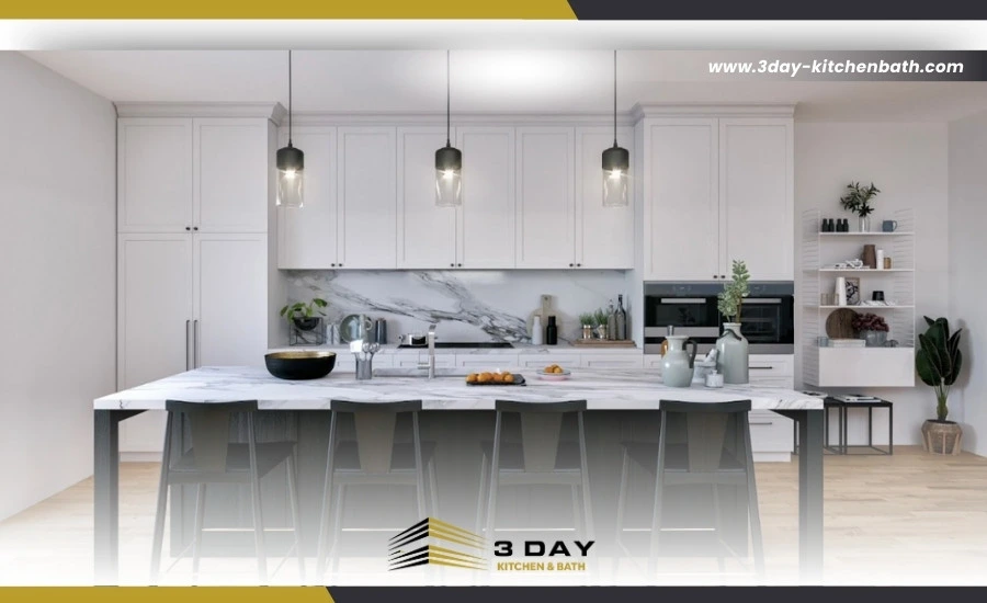 Elegant kitchen interior with marble and black accents