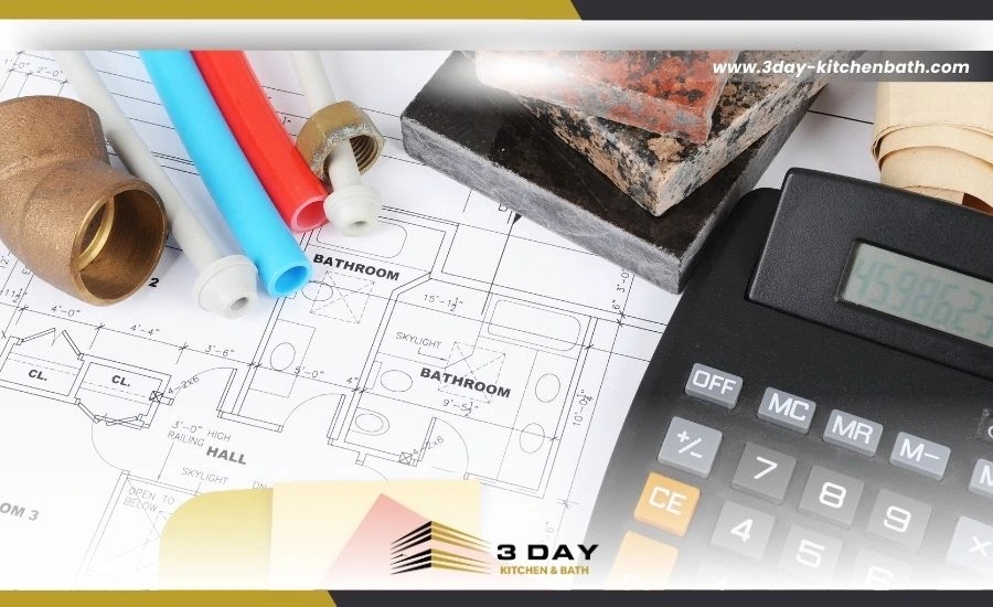 Bathroom remodeling blueprint with plumbing diagrams and a tape measure.