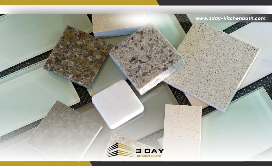 Samples of bathroom materials, including tiles, paint swatches, and faucet options.