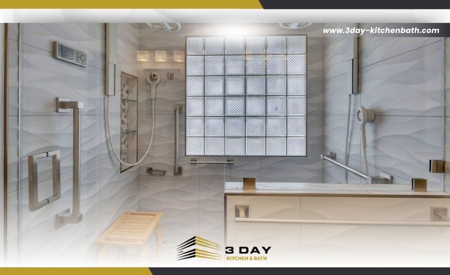 Modern walk-in shower with glass block window