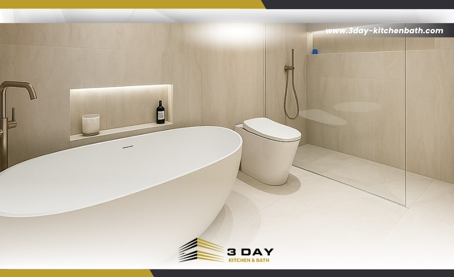 Minimalist bathroom with freestanding tub wall-mounted toilet and walk-in shower