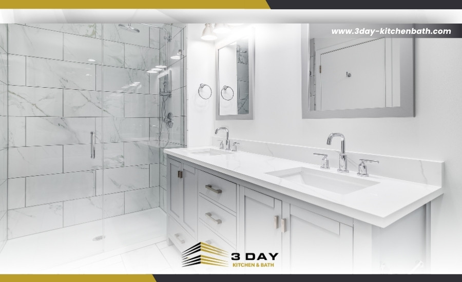 Standard bathroom with vanity toilet and walk-in shower