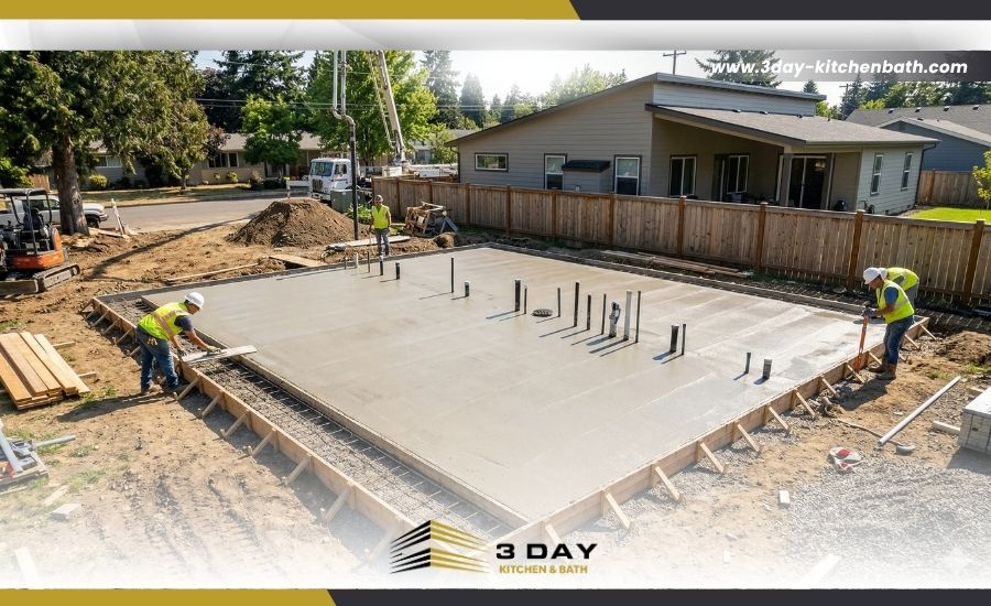 A construction site showing a newly poured concrete slab foundation for a backyard ADU.
