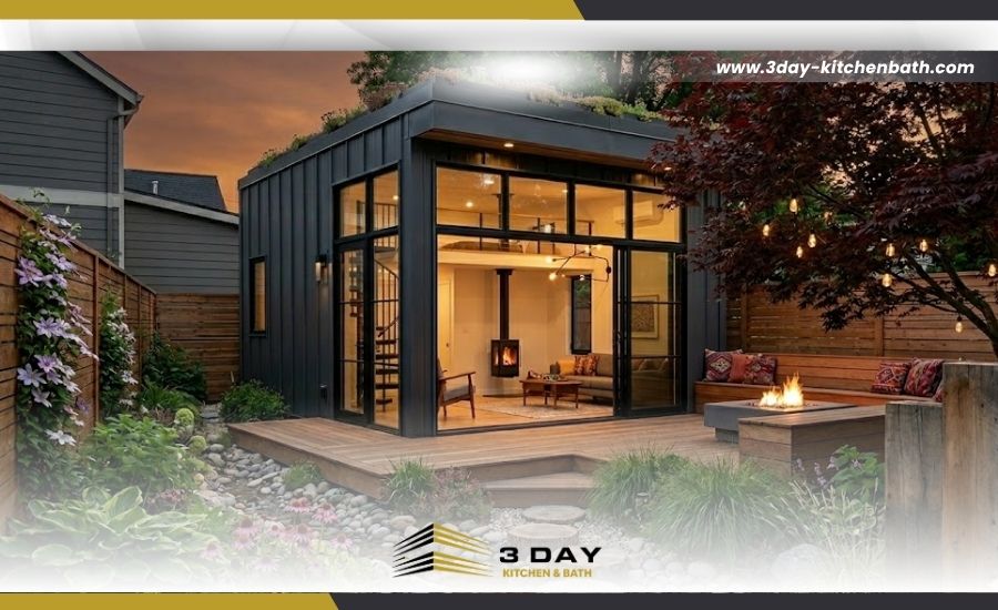 A modern, detached Accessory Dwelling Unit (ADU) with floor-to-ceiling glass walls and a rooftop garden at dusk.