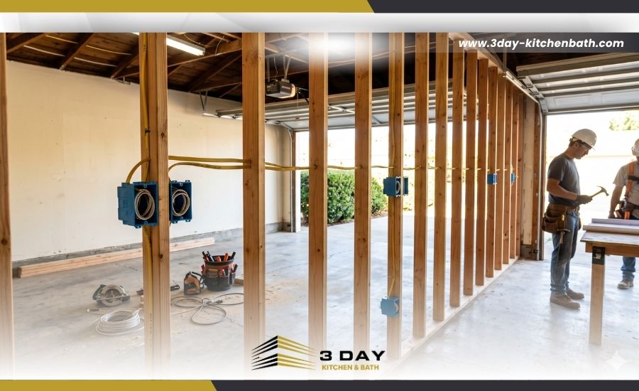 Exposed wooden wall framing and rough-in electrical wiring during a garage-to-ADU conversion.