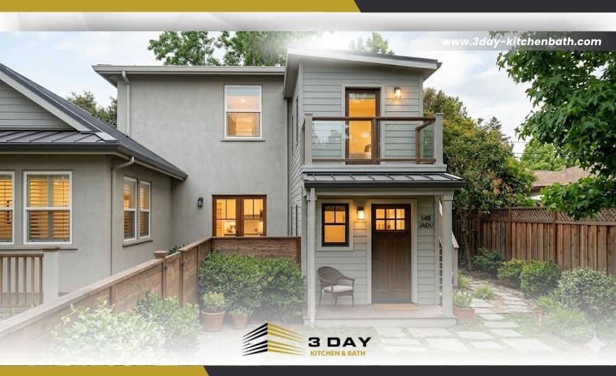 A two-story Junior Accessory Dwelling Unit (JADU) attached to the side of a modern primary residence.