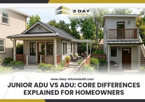 A comparison of two residential backyard structures a detached single story Accessory Dwelling Unit ADU and a compact two story Junior ADU JADU next to a primary residence