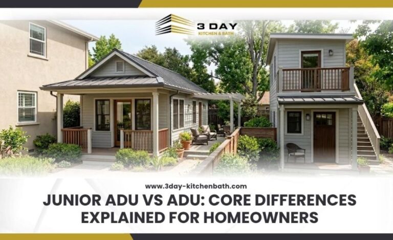 A comparison of two residential backyard structures: a detached, single-story Accessory Dwelling Unit (ADU) and a compact, two-story Junior ADU (JADU) next to a primary residence.