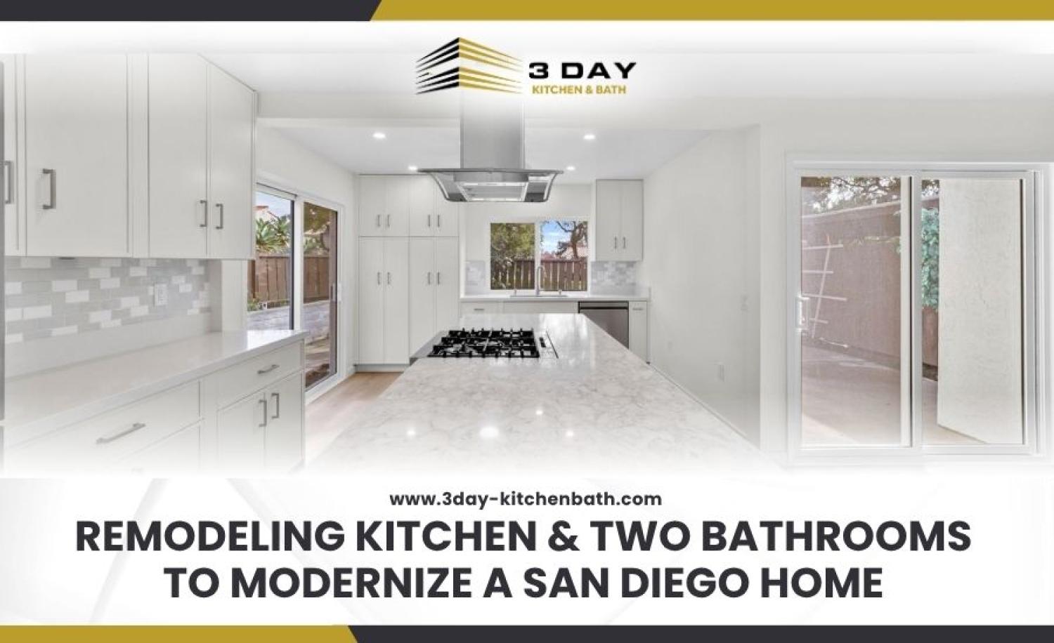 Kitchen Remodeling Trends San Diego CA Whole Home Remodelin A bright spacious kitchen with a long marble patterned island white shaker cabinets a stainless steel range hood and sliding glass doors letting in natural light