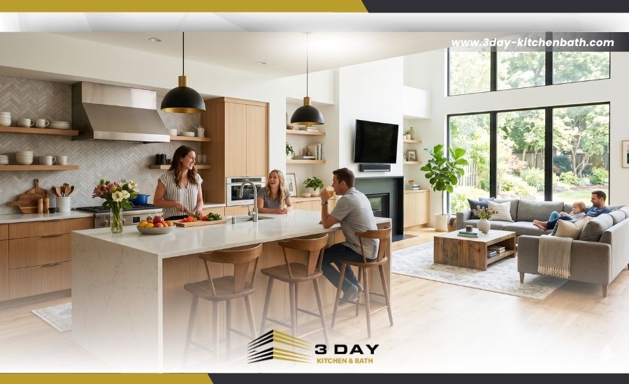 A bright, open floor plan featuring a large kitchen island with clear sightlines into a connected living area.