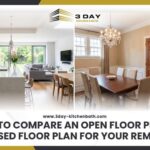 A side by side comparison of a modern open concept kitchen and a traditional enclosed floor plan