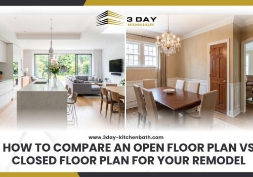 A side by side comparison of a modern open concept kitchen and a traditional enclosed floor plan