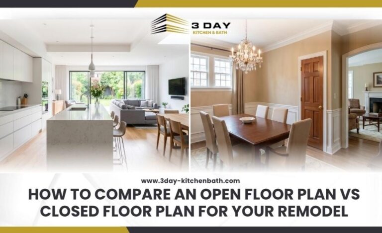 A side-by-side comparison of a modern open-concept kitchen and a traditional enclosed floor plan.