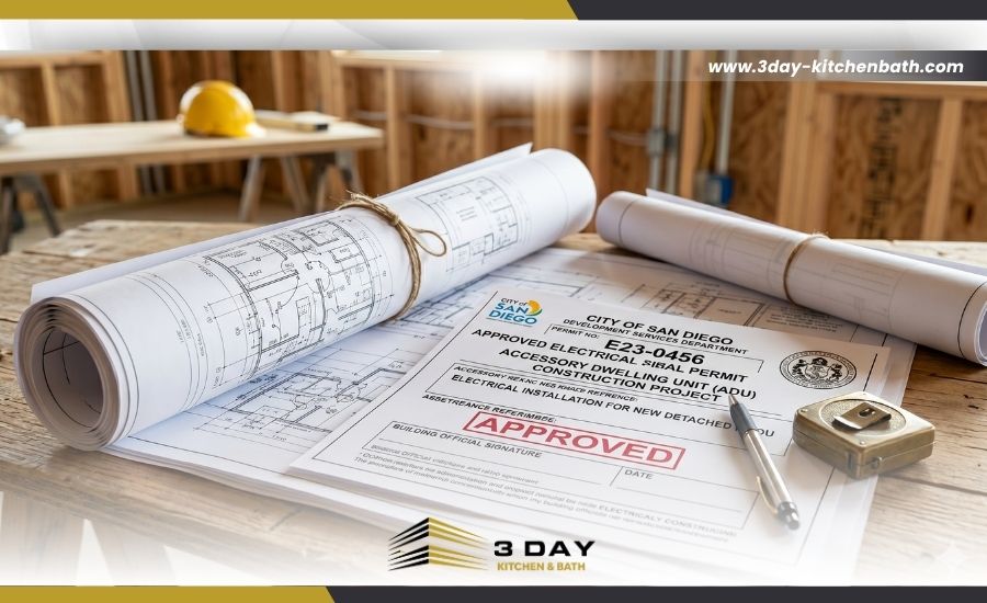 Rolled blueprints and an approved electrical permit for a San Diego ADU construction project.