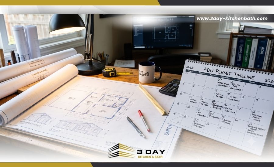 Architectural blueprints spread out on a desk with a calendar, representing the ADU permit timeline.