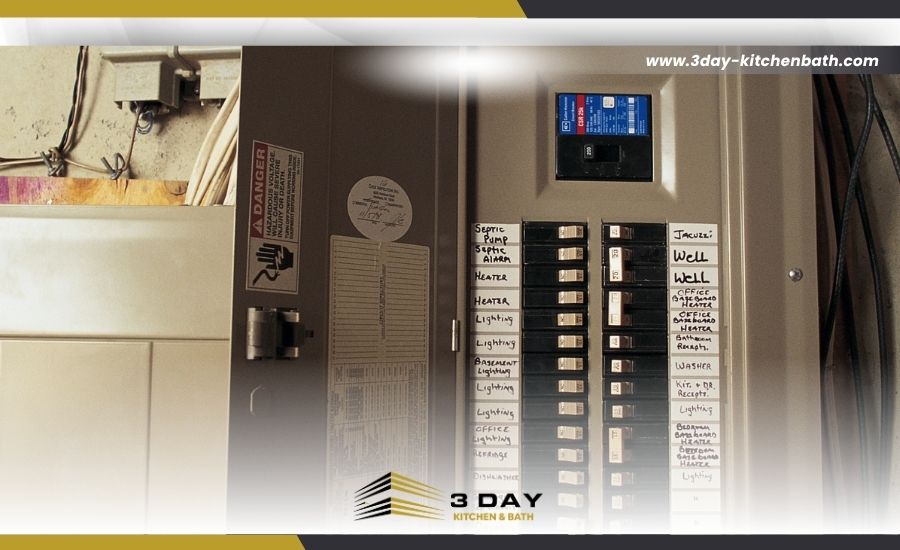 Close-up of modern utility meters and an electrical panel mounted