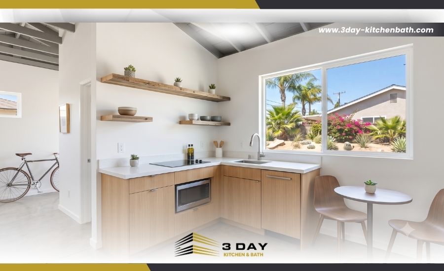 A newly remodeled, space-saving modern kitchen inside a converted accessory dwelling unit in San Diego.