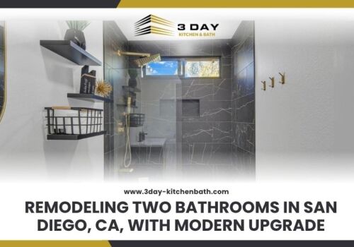 Modern bathroom interior featuring a walk-in shower with black marble-look tile, gold hardware, and floating shelves, with text overlay reading 