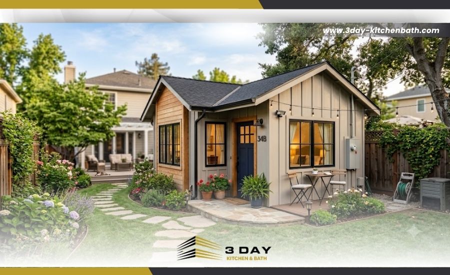 Cozy backyard accessory dwelling unit (ADU) with a stone path, landscaping, and the 3 Day Kitchen & Bath logo.