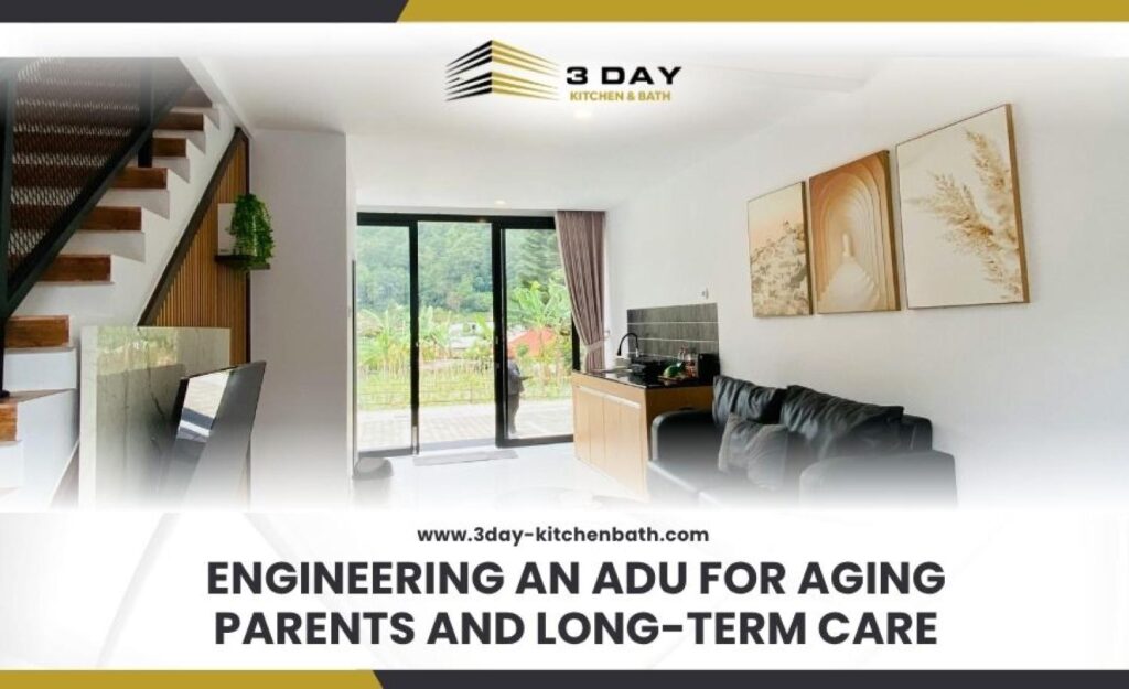 Modern ADU interior with text overlay Engineering an ADU for Aging Parents and Long Term Care