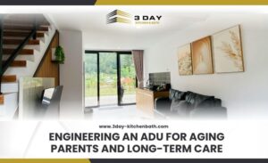 Modern ADU interior with text overlay Engineering an ADU for Aging Parents and Long Term Care