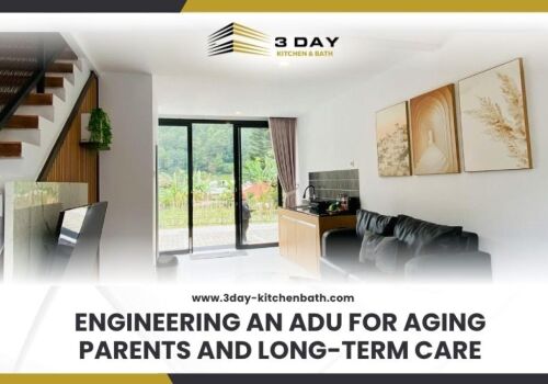 Modern ADU interior with text overlay Engineering an ADU for Aging Parents and Long Term Care