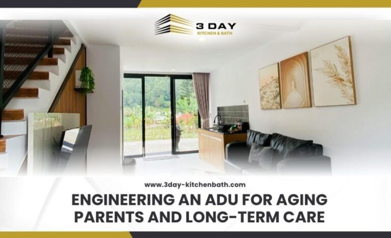 Modern ADU interior with text overlay: "Engineering an ADU for Aging Parents and Long-Term Care."