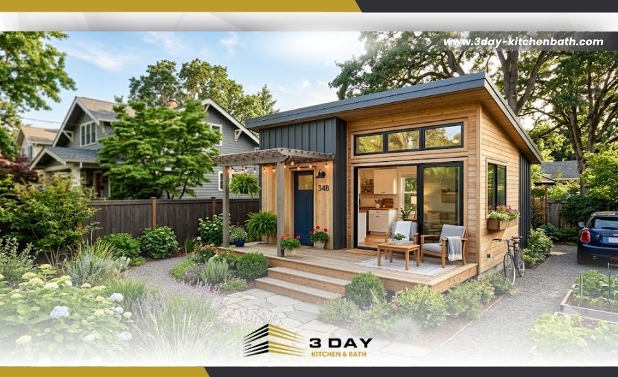 Modern exterior of a detached backyard granny flat with a wooden deck, landscaping, and the 3 Day Kitchen & Bath logo.