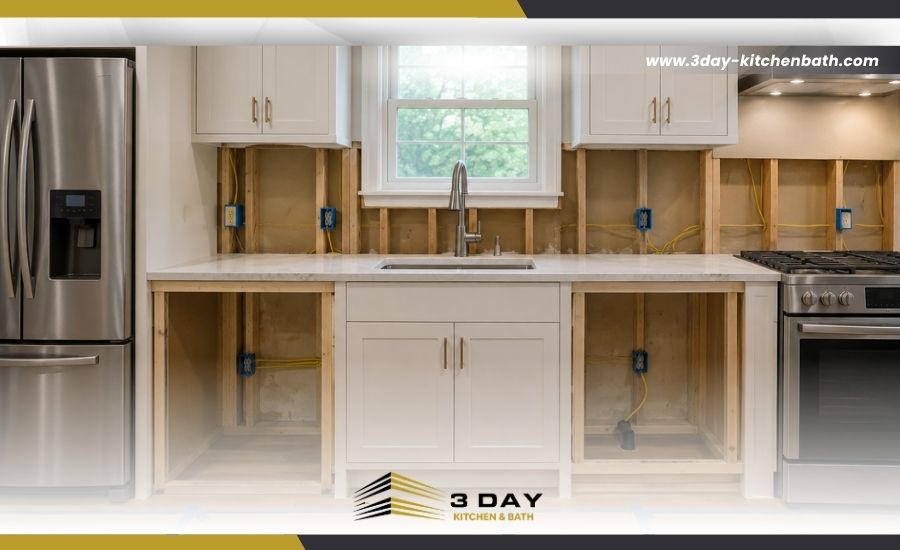 Open kitchen wall studs showing dedicated wiring runs to the refrigerator, sink, and range