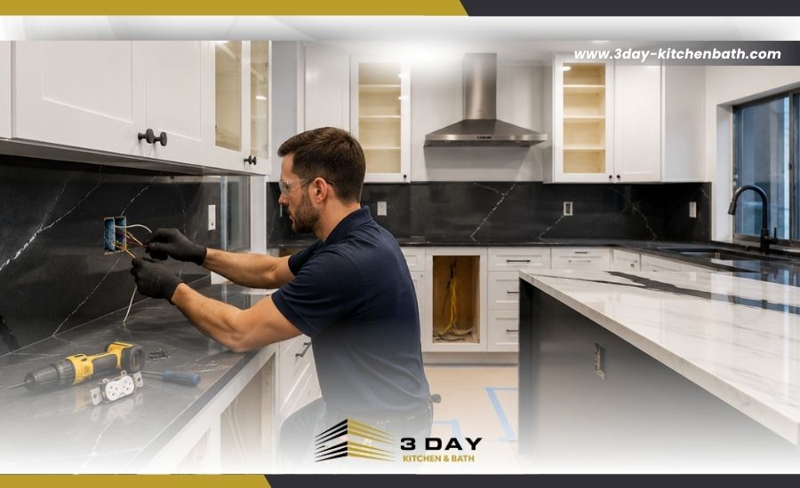 Electrician installing a dedicated kitchen circuit outlet on a marble backsplash