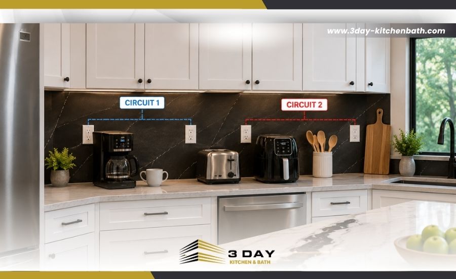 Countertop small appliances split across two labeled kitchen circuits
