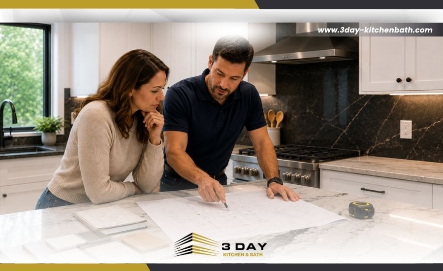Homeowners reviewing an electrical layout plan with their kitchen remodeling team