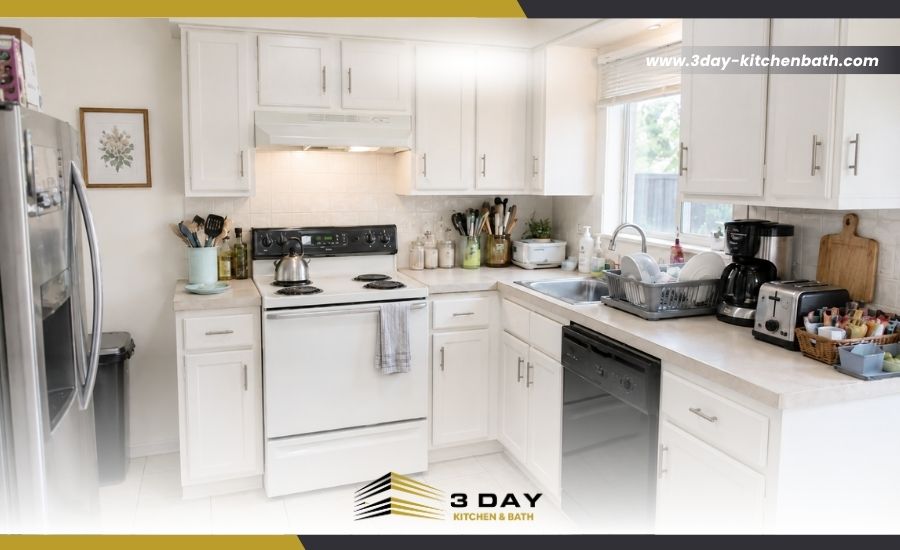 Kitchen counter crowded with appliances and no free storage space