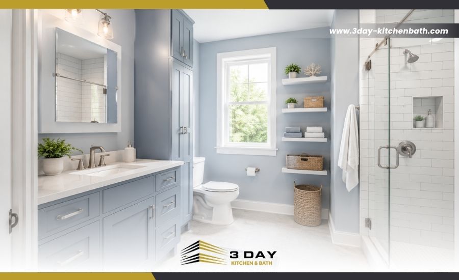 Small bathroom layout designed with built-in storage