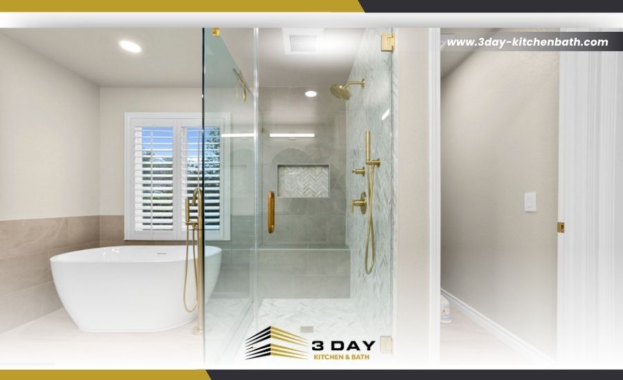 Contemporary primary bathroom with a double vanity, custom tile shower, and sleek fixtures
