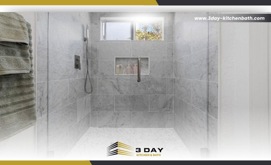 Walk-in shower with window and tiled niche, tub to walk-in shower conversion by 3 Day Kitchen & Bath